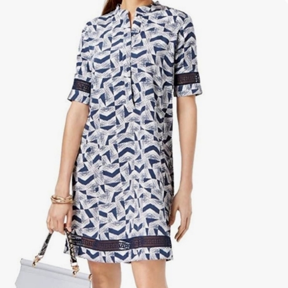 Alfani Button Down Pullover Crochet Trim Geometric Print Shirt Dress - Size 4P - Picture 1 of 10